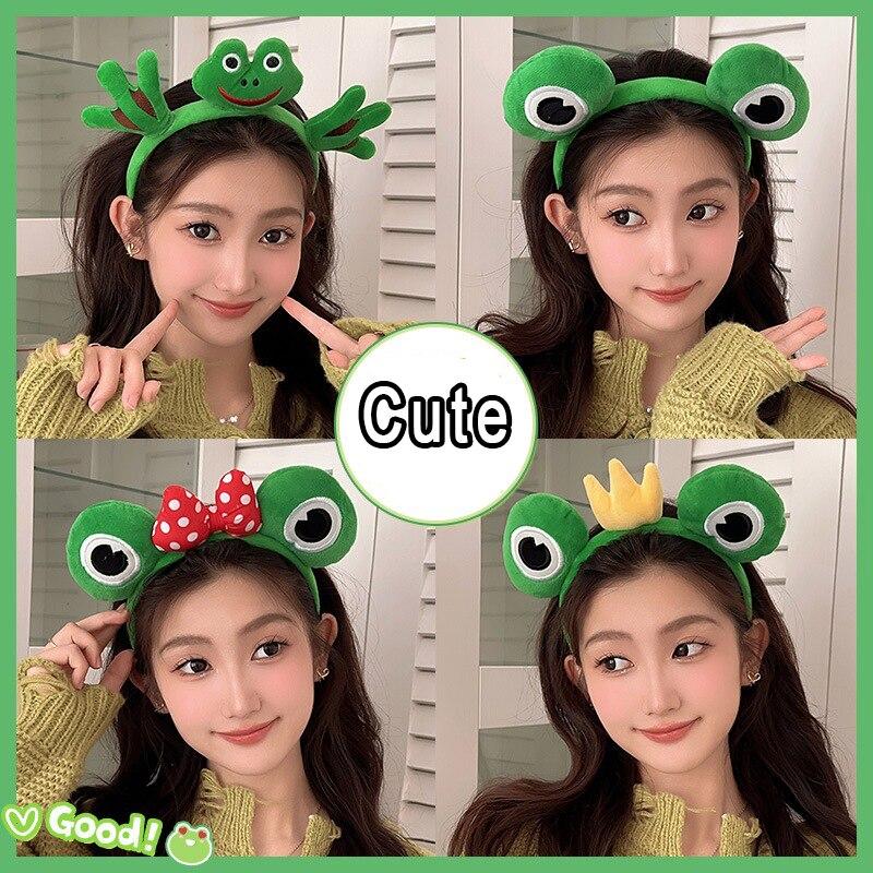 Мультяшные большие глаза лягушки, плюшевые обручи для волос с бантом для женщин, сладкий макияж, повязка для волос, повязка на голову, аксессуары для волос для девочек, корейские головные уборы