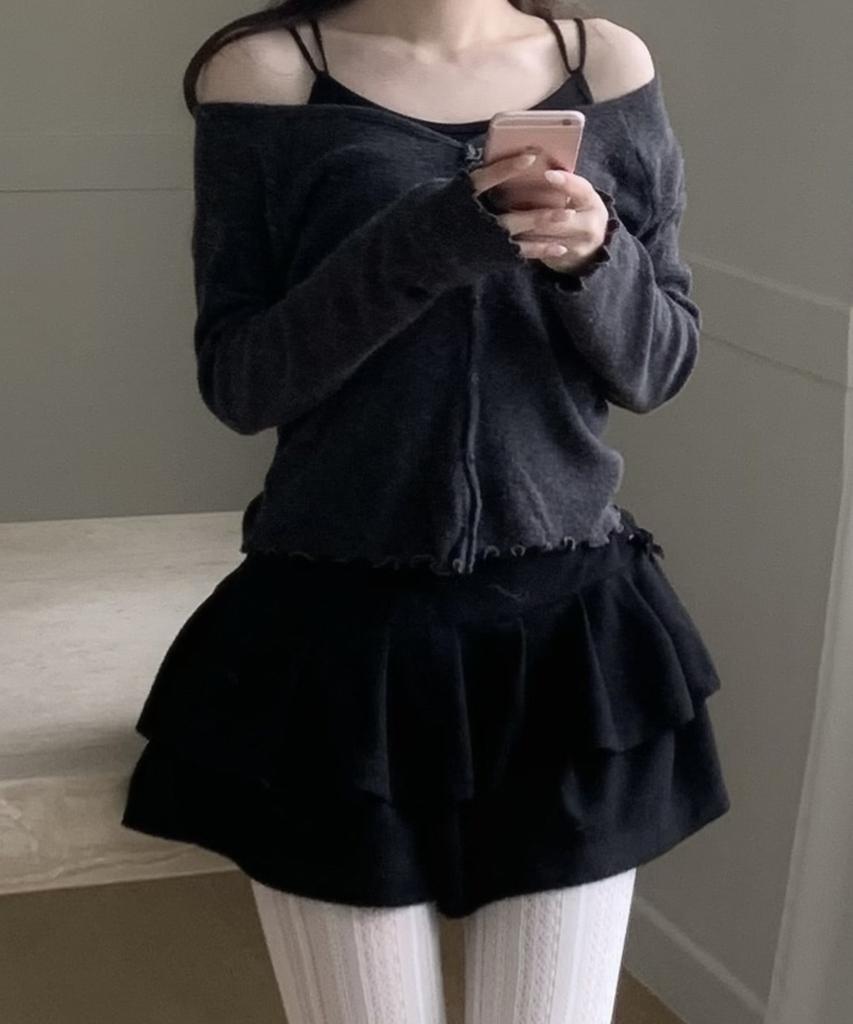 Wisp Fairy Ribbon Tiered Knit Skirt - Black