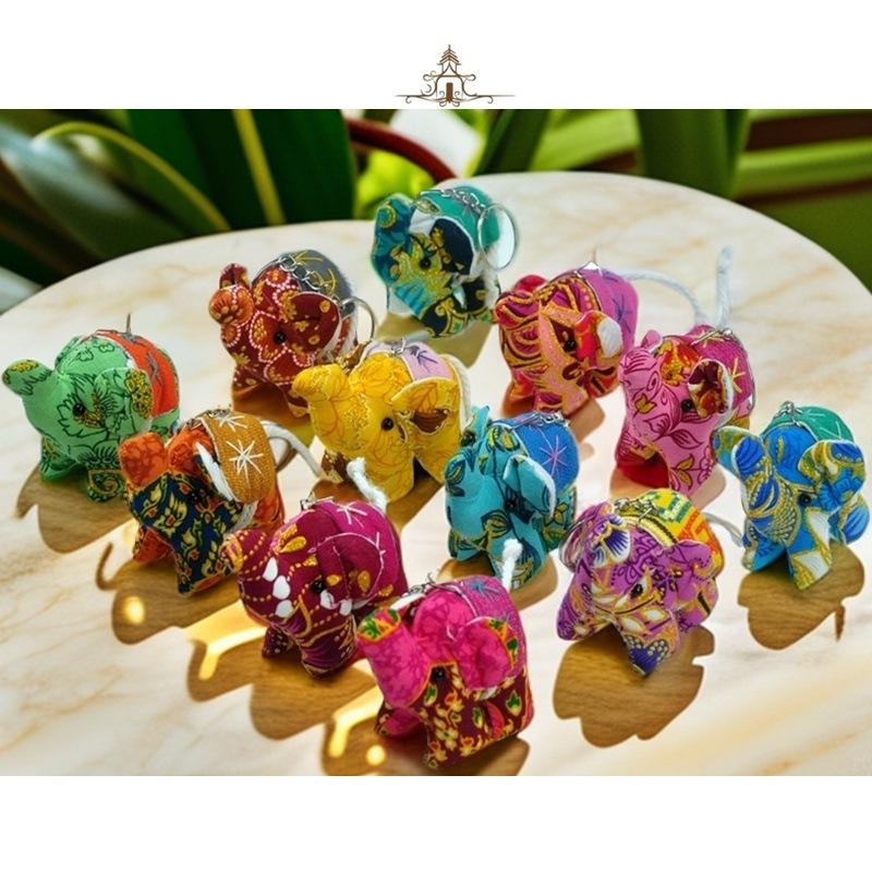 Thai Floral Fabric Little Elephant Keychain Bag Charm Travel Souvenir Gift Creative Keyring