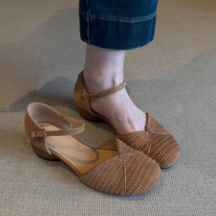 Версия из овчины~ ретро милая сумка голова обувь женская летняя низкий каблук кожа круглая голова богемный стиль слово с сандалиями