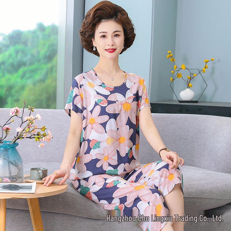 Женский летний хлопковый пижамный комплект больших размеров для женщин среднего и пожилого возраста - Домашняя одежда с короткими рукавами, подходящая для ношения на улице