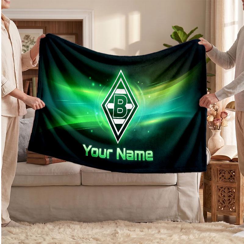 Borussia Mönchengladbach Personalized Fleece Blanket With Football Logo, Custom Name Text Soft Warm Home Throw Blanket