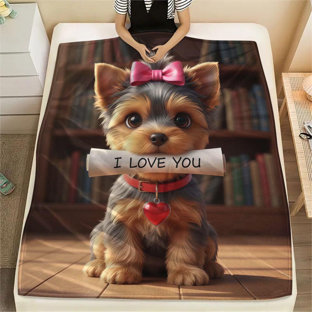1Pc Iloveyoudog Print Flannel Blanket, High quality Comfortable for All Seasons, Home Decor, Warmth and Comfort, Perfect for Christmas Gifts