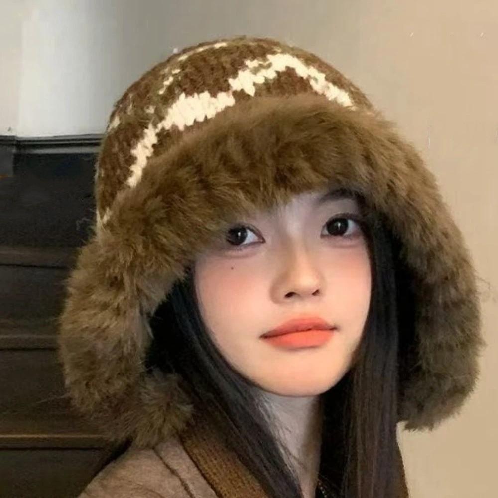 Windproof Faux Fur Lei Feng Hat Ethnic Style Pullover Beanie Hat Knitted Plush Hat  Autumn Winter