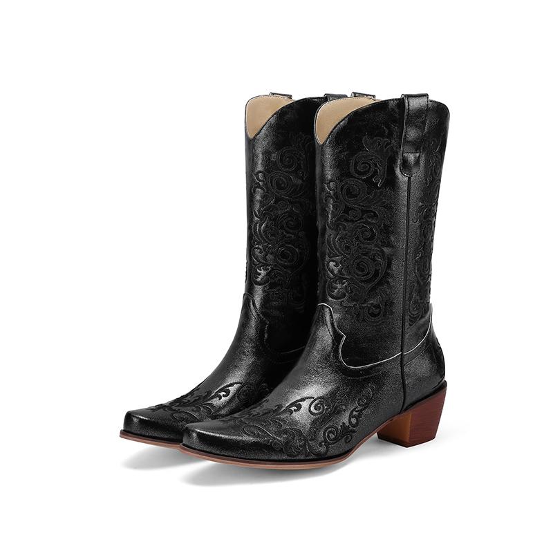 Вышитые короткие ботинки в стиле вестерн, женские ковбойские сапоги до середины голени, модные блочные каблуки, квадратный носок, без застежек, зимняя осенняя обувь