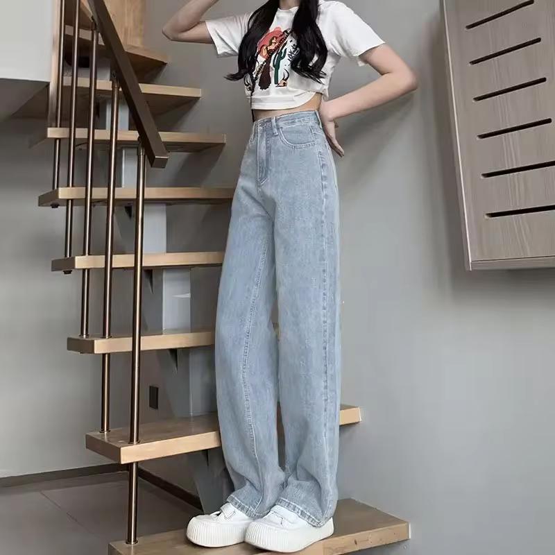 Модные джинсы прямого покроя с высокой талией, женские свободные облегающие брюки с драпировкой, черные, серые, модный стиль