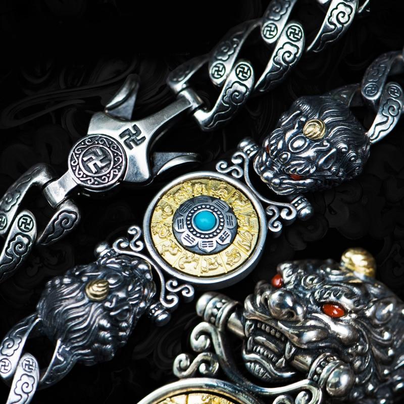 Серебряный браслет в китайском стиле в стиле ретро, ​​двойной Pixiu, девять дворцов, которые могут вращаться, властные мужские и женские пары, персонализированные подарки