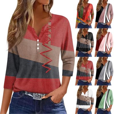 Жен. Футболка Футболка С принтом Пуговицы Рукав 3/4 Повседневные Выходные Мода Классический Классический V-образный вырез Обычный Верх
