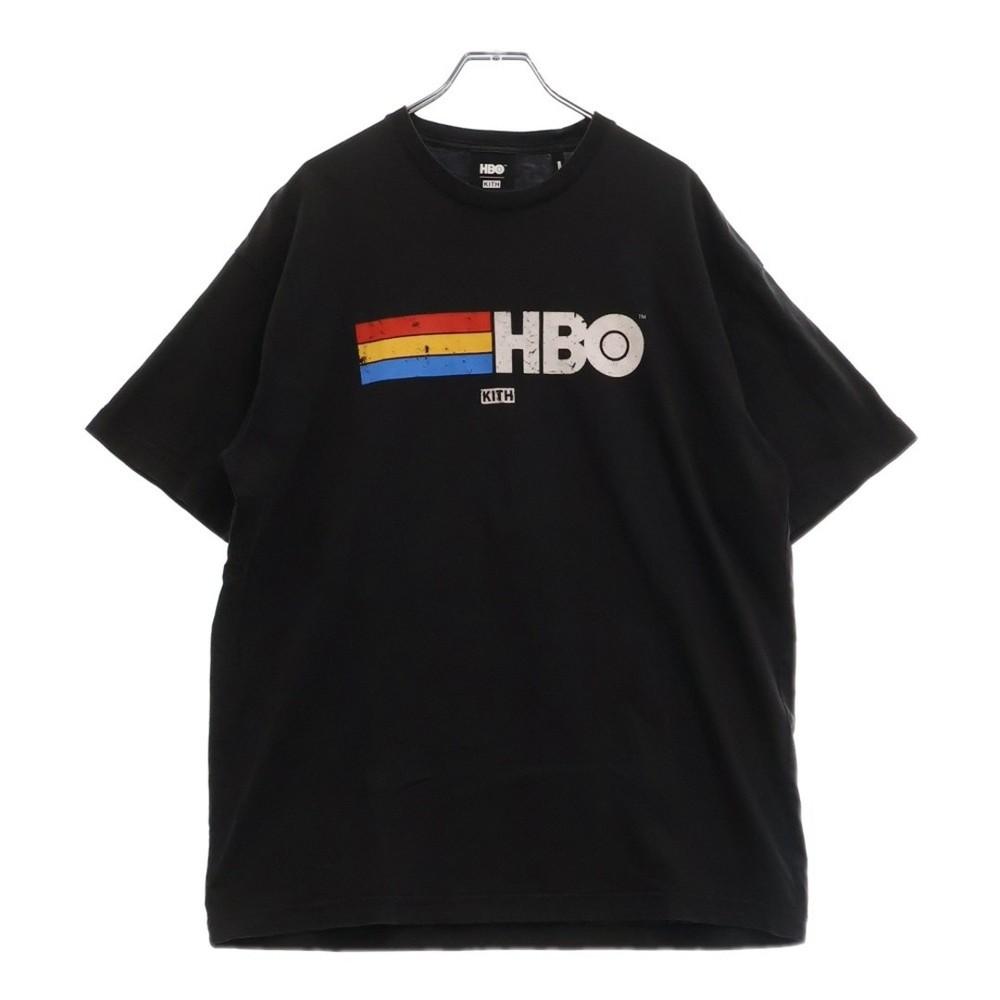 KITH Kiss x HBO Радужный Логотип Принт Винтажная Футболка Поврежденная Короткий Рукав Черная b Унисекс Футболка