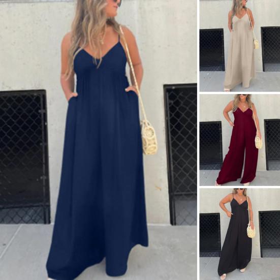 Women Jumpsuit Deep V Neck Backless Wide Pure Leg Loose Sleeveless Color Pleated Spaghetti Strap Casual Vacation Beach