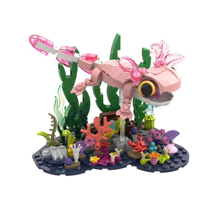 MOC Pixel World Axolotl Building Blocks Mexican Pink Leucistic Water Dragon Animal Model Kit with Feathery Gills Toy Gift