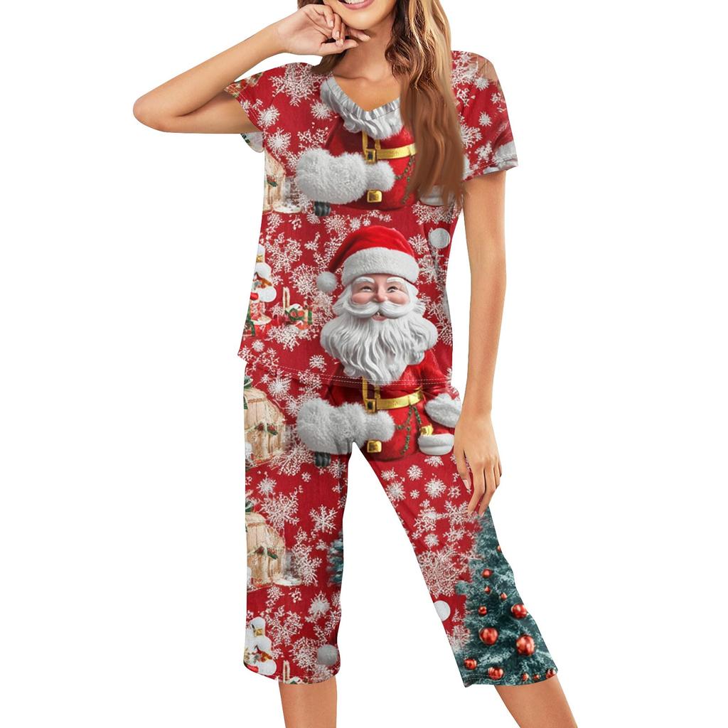 Женская повседневная спортивная пижама с коротким рукавом и укороченными брюками с рождественским принтом
