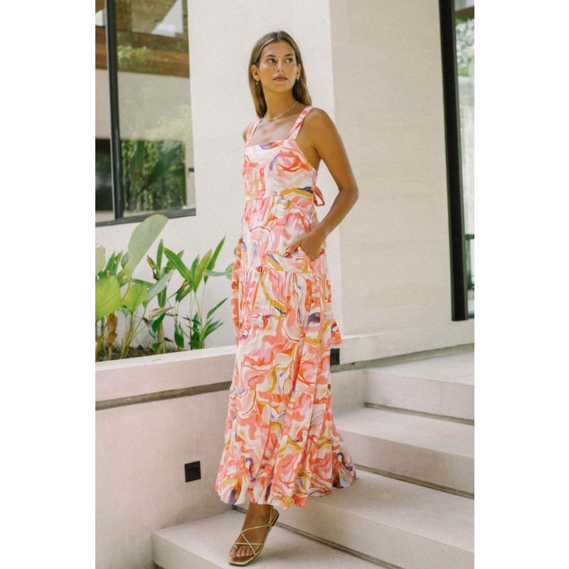 YYFS Женская мода лето весна цветочный узор принт без рукавов подтяжки с высокой талией повседневные платья