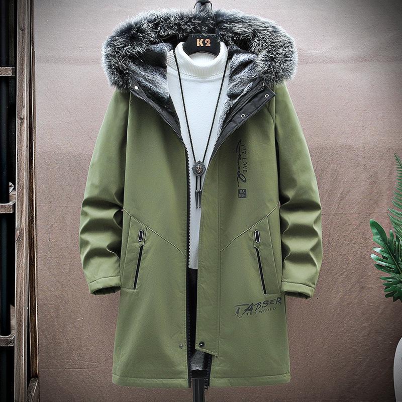 Men's Winter Fleece-Lined Hooded Mid-Length Printed Cotton Coat - Trendy & Warm Casual Jacket