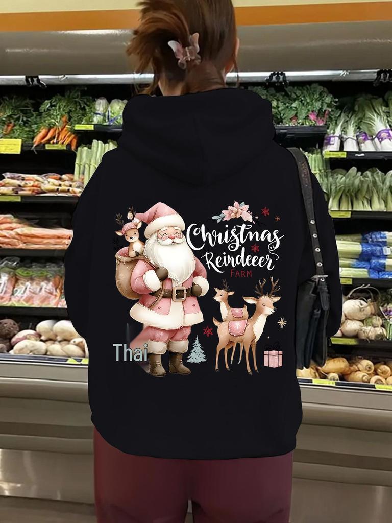Autumn & Winter Women's Hooded Fleece Lined Sweatshirt with Kangaroo Pocket & Christmas Print