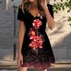 Летняя мода женские V-образный вырез короткий рукав красивые розы принтованное платье сексуальные короткие юбки платья