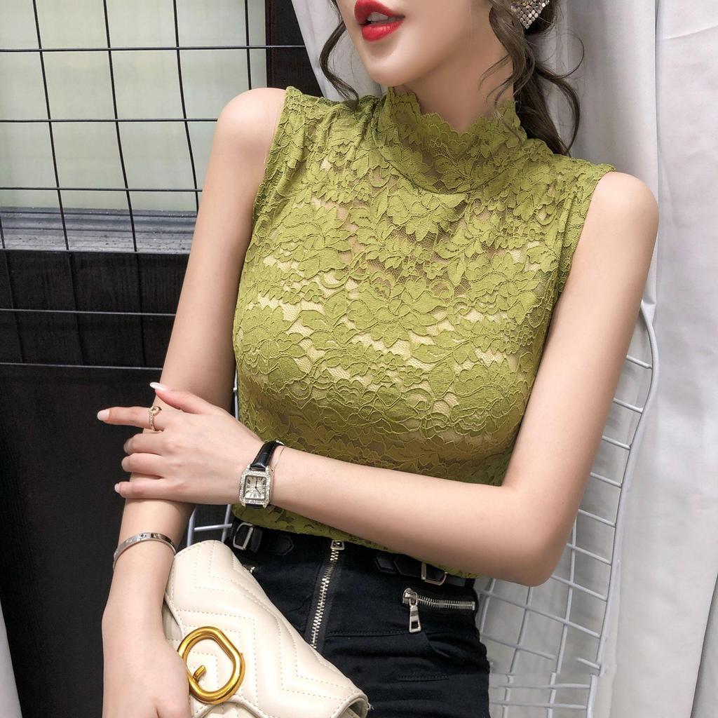 Women Korean Lace Hollow Out Turtleneck Sleeveless Slim T-shirt Vest