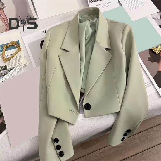 Women Suit Coat Formal Business Style Turn-down Collar Button Decor Slim Fit Short Solid Color Long Sleeves Cardigan Single Button Closure OL Commute