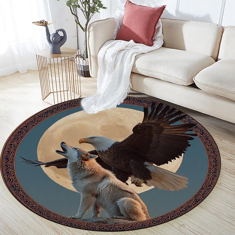 Eagle Wolf Round Area Rug,Carpet Rug for Living Room Bedroom Sofa Playroom Decor,Non-slip Floor Mat