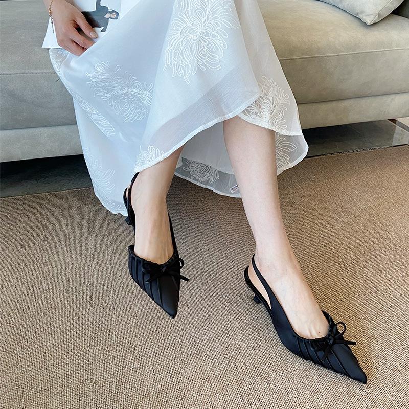 Fashion Women Pointed Toe Stiletto Heels Bow Pleated Open Back Sandals Chic Designer High Heel Shoes for Women