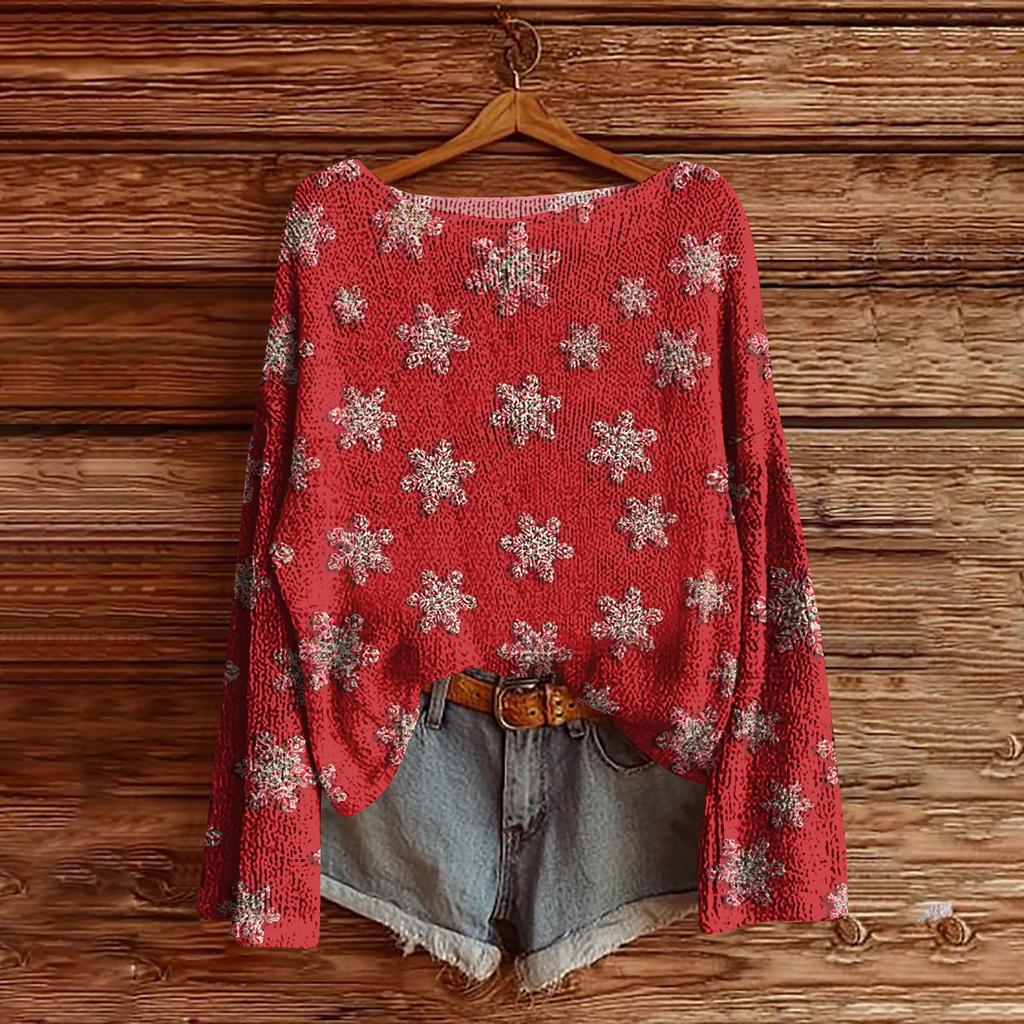 Women's Christmas Print Lightweight Sweater Casual Long Sleeve Knitted Pullover