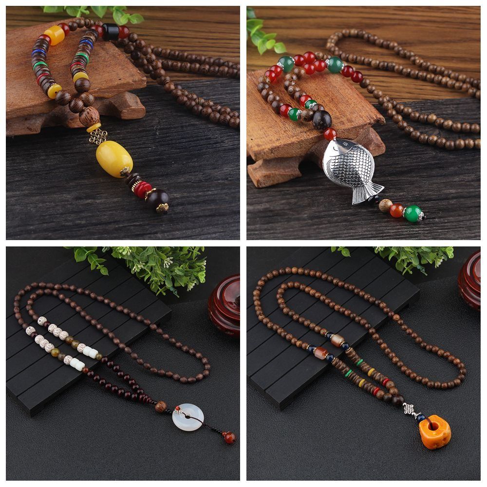 Счастливый подарок, этнические украшения ручной работы, буддистское мала, деревянная бусина, рог, кулон в форме рыбы, ожерелье из Непала