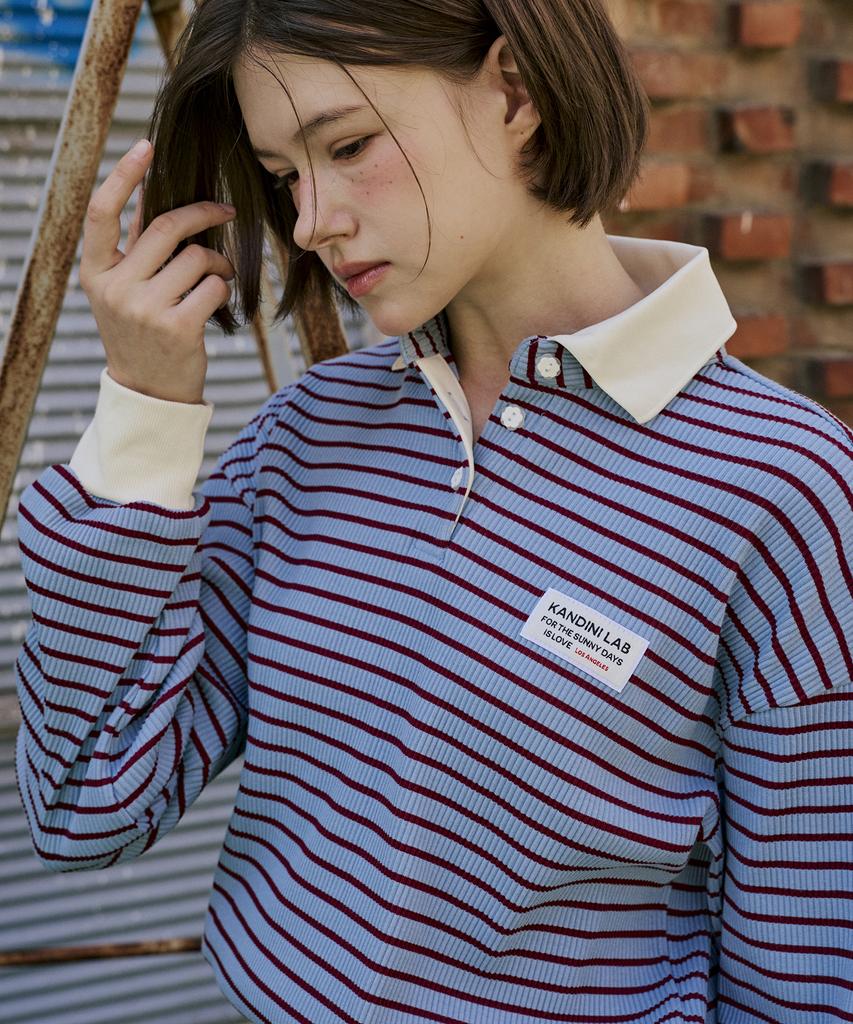 KANDINI Blue Striped Ribbed Polo Shirt