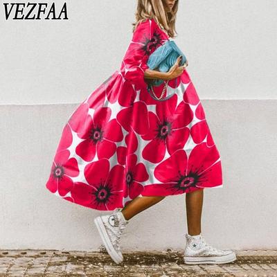 Женская мода весна осень цветочный узор принт рукава 3/4 О-образный вырез свободная талия повседневные платья