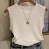 Sleeveless Knitted Vest Gym Tank Top Women Round Neck Fashion Ice Silk Thin Shirt Summer Wide Shoulder Loose Blusas 4588 50