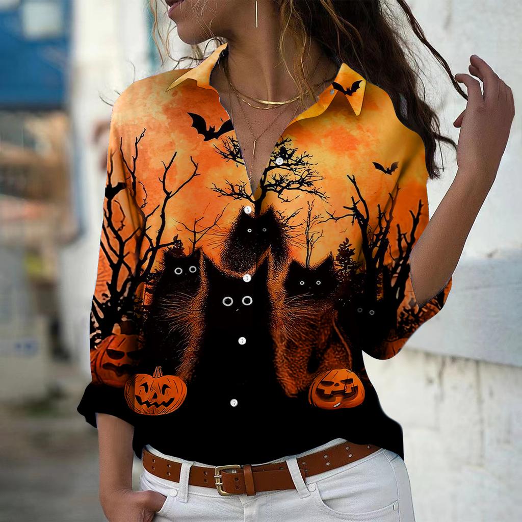 Черная кошка с принтом женская блузка весна осень женская офисная женская рубашка на пуговицах с отложным воротником