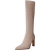 Pointed High-heeled Boots for Women's Autumn New Apricot Suede Elastic But Knee Thick-heeled High Boots