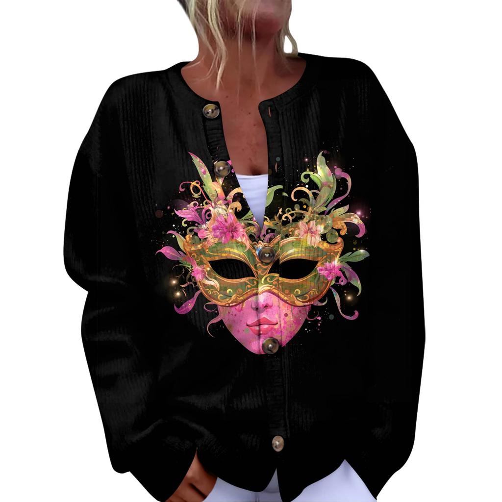 Women's Fashion Festival Printed Long-Sleeved Knitted Cardigan With Button-Front