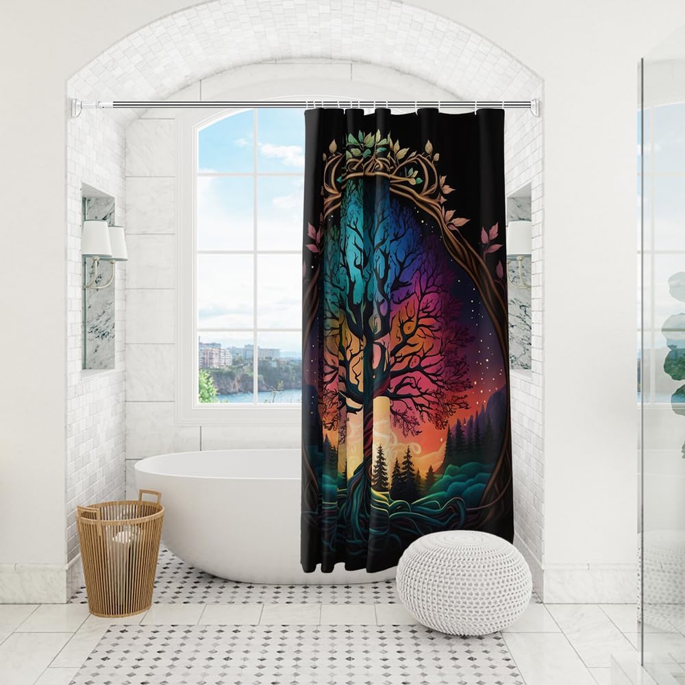 Черная шторка для душа Дерево жизни Небо Слон Неоновая ткань Растение Фэнтези Искусство Занавеска для ванной для женщин Украшение для ванны