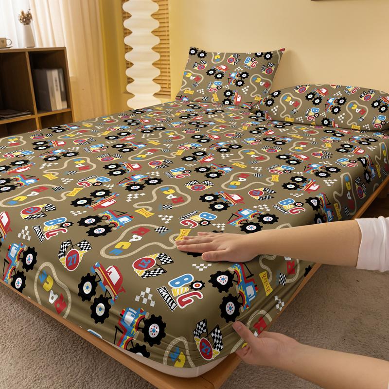 Mountain 1Pcs Construction Pattern Brushed Fitted Bed Sheets, Printed Bed Cover For Bedroom, Bedding Excluding Pillowcases
