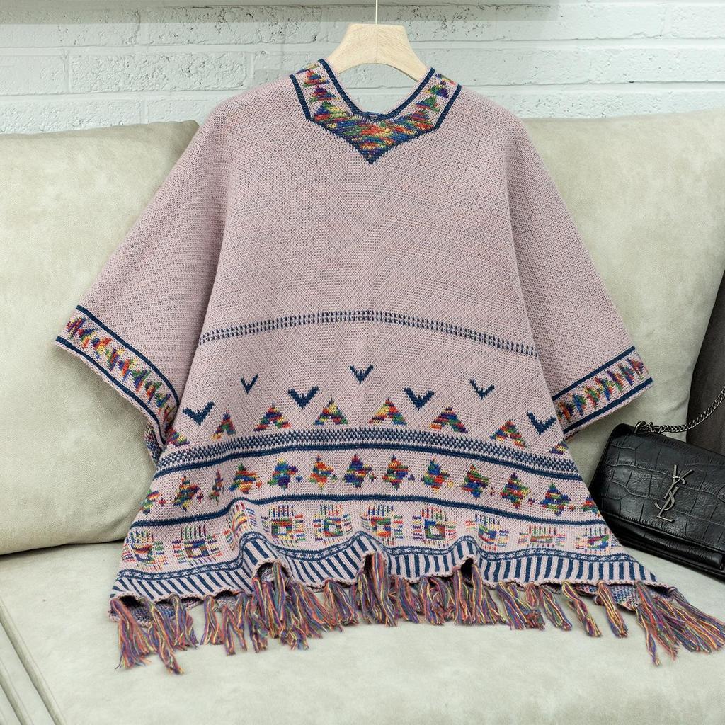 Autumn and Winter Women Print Loose Bat Sleeve Cross Border Cloak Cardigan Knitwear V-Neck Sweater