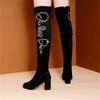 Большие повседневные сапоги до колена, осенне-зимние, на шнуровке, со стразами, на толстом каблуке, бархатные, эластичные, длинные сапоги 35-40