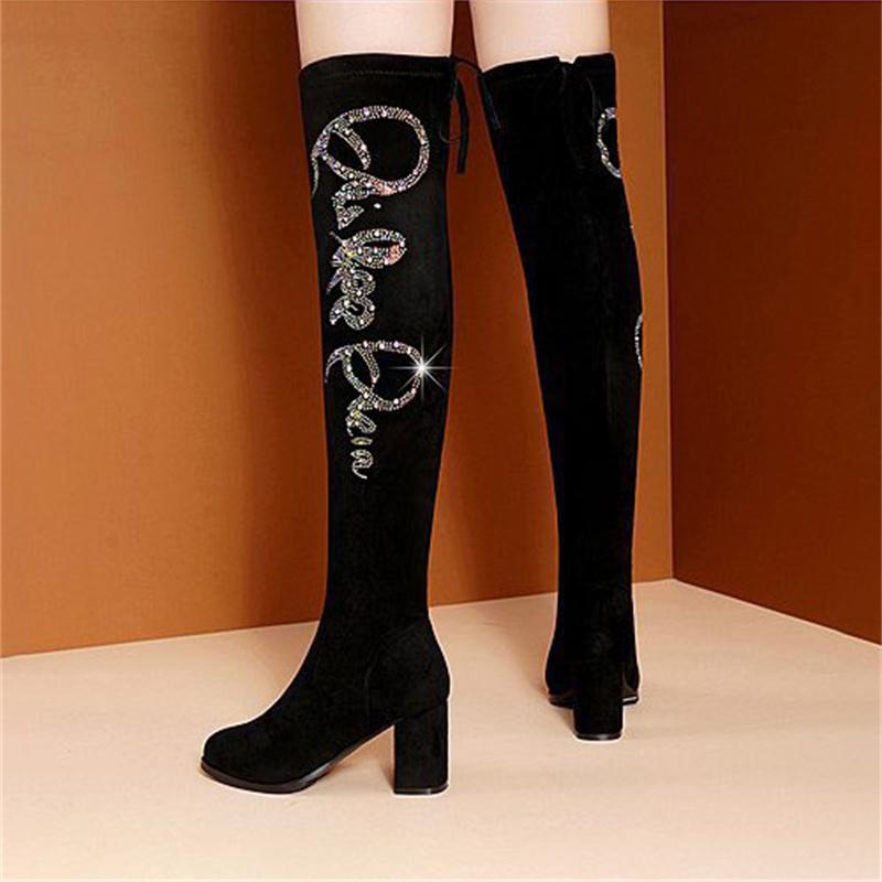 Большие повседневные сапоги до колена, осенне-зимние, на шнуровке, со стразами, на толстом каблуке, бархатные, эластичные, длинные сапоги 35-40