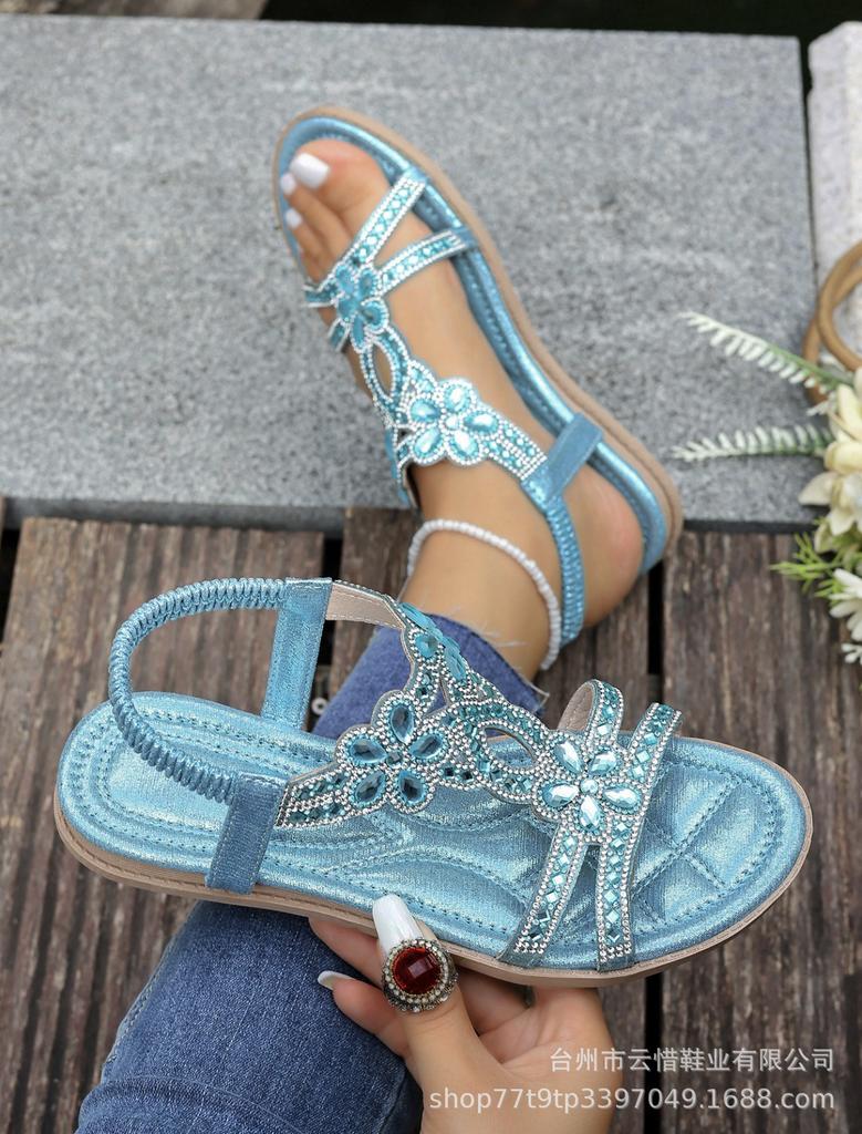 Fashion Plus Size 36-46 Women Shoe Rhinestone Flat Sandals Elastic Band Beach Shoes for Women Fashion Casual Open Toe Sandalias De Mujer