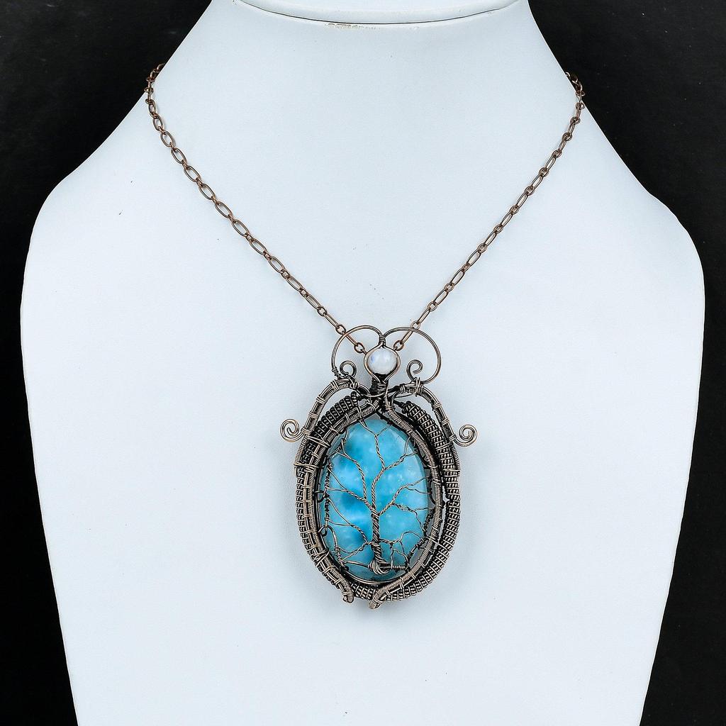 Подвеска «Дерево жизни» с ларимаром, медная проволочная обертка, подвеска с радужным лунным камнем, медные украшения для подарка, антикварные украшения ручной работы