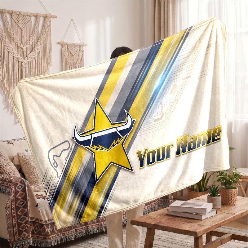 North Queensland Cowboys Flannel Blanket, Custom Name Text Personalized Soft Throw Blanket Home Decor Gift