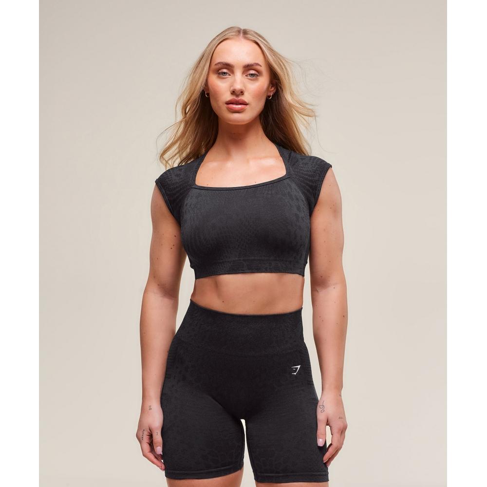 Gymshark Бесшовный укороченный топ Adapt X Whitney Animal Black Asphalt Grey B3b2h Bc3c