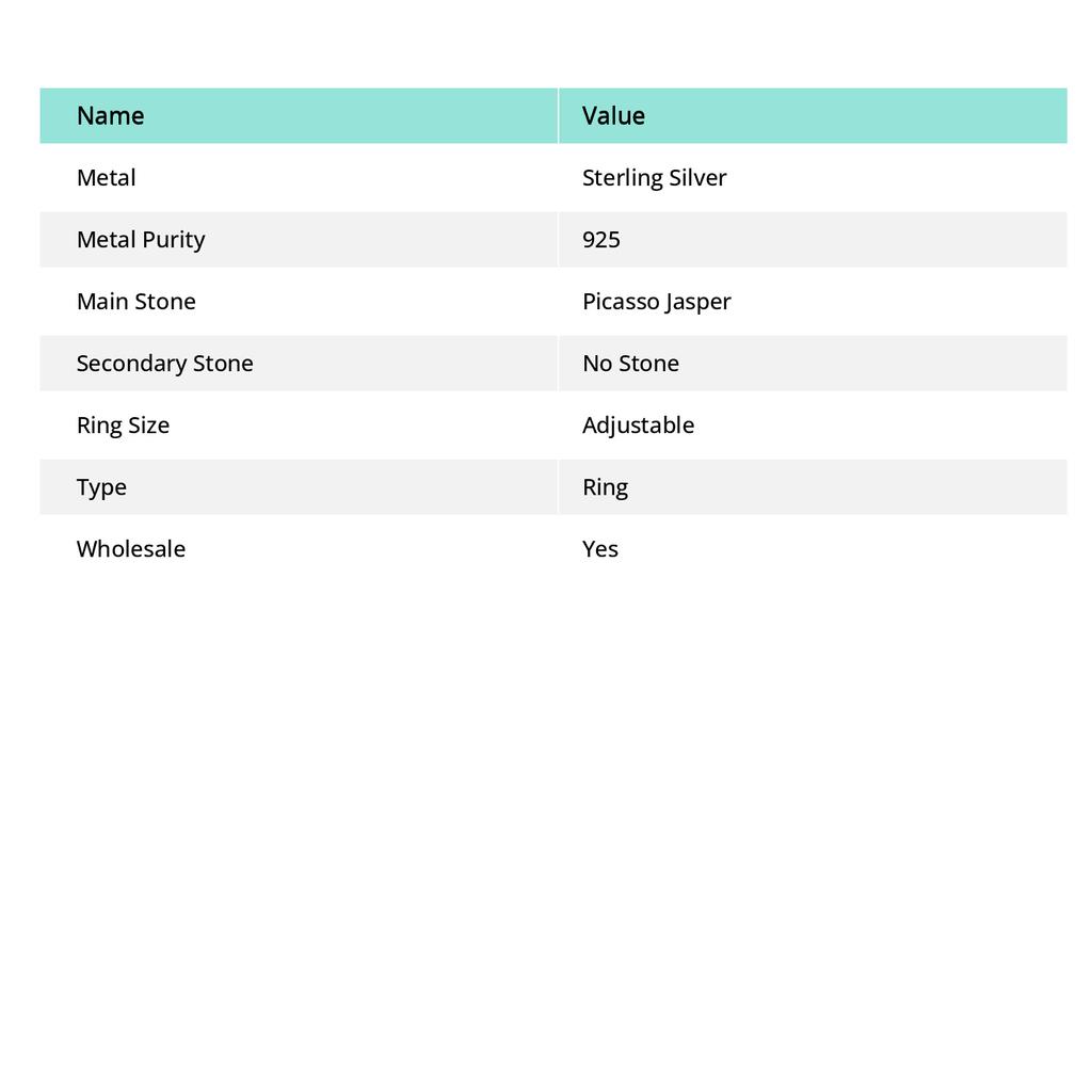 Ювелирное кольцо из серебра 925 пробы с натуральным пикассо-джаспером, размер регулируется w1D51