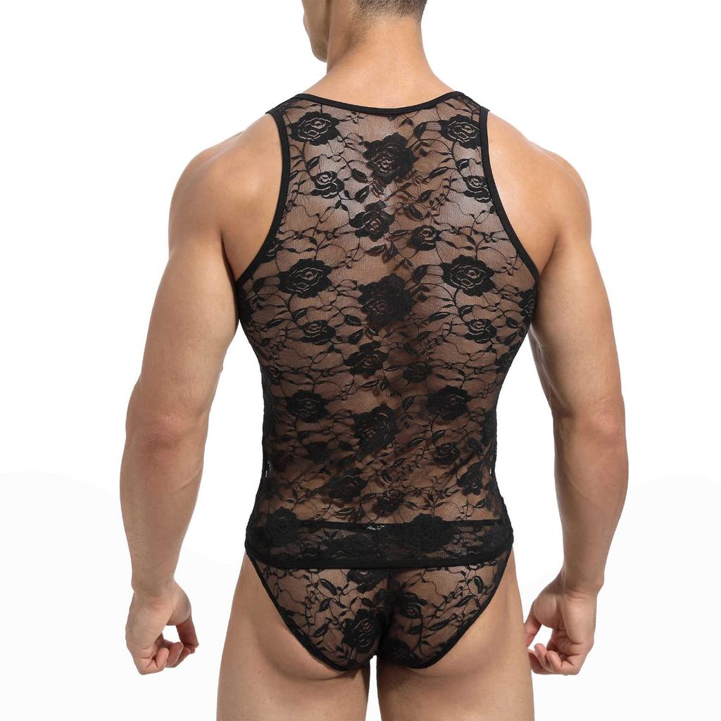 IPENNYE Tank Lace Rose Sexy Plus Comfortable Gift Men's Top, Print, See-Through Underwear, Sleepwear, Innerwear, Stretch, Breathable, Sizes, Vest,