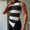 Men Zip-up High Neck Sleeveless Striped Irregular Casual Crop Tank Tops