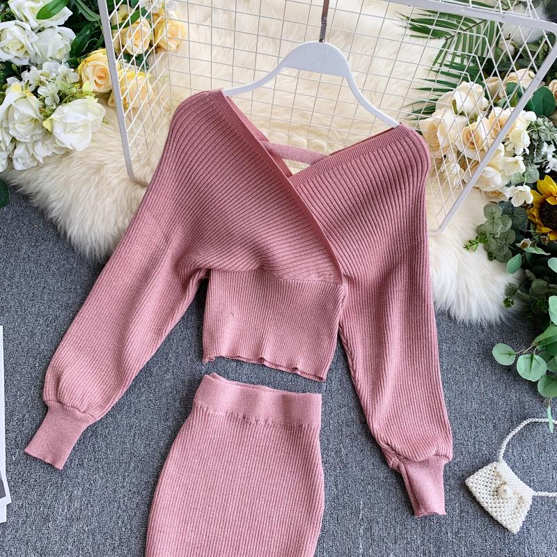 Весенний новый модный костюм в иностранном стиле с v-образным вырезом и рукавами «летучая мышь», вязаный свитер, женская юбка с высокой талией и запахом, комплект из двух предметов