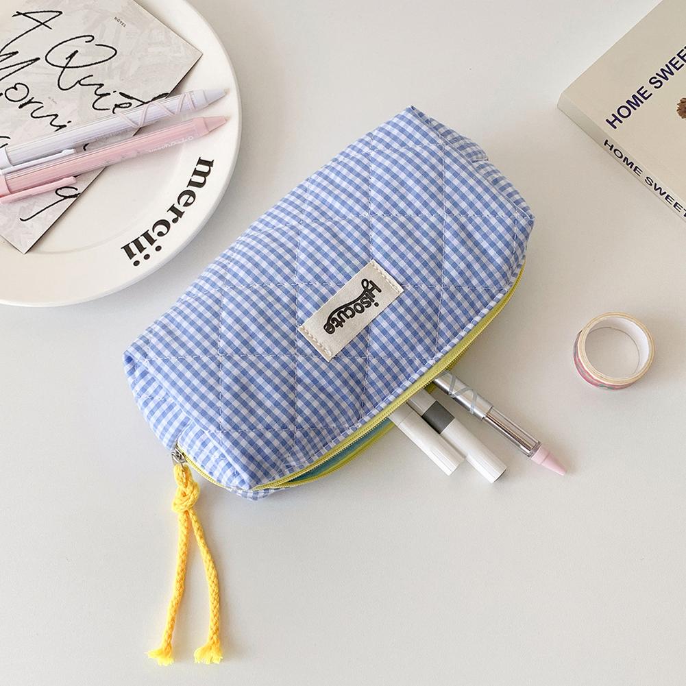 Large Capacity Plaid Cloth Pencil Case Korean Style Cloth Makeup Bag INS Style Student Stationery Storage Bag