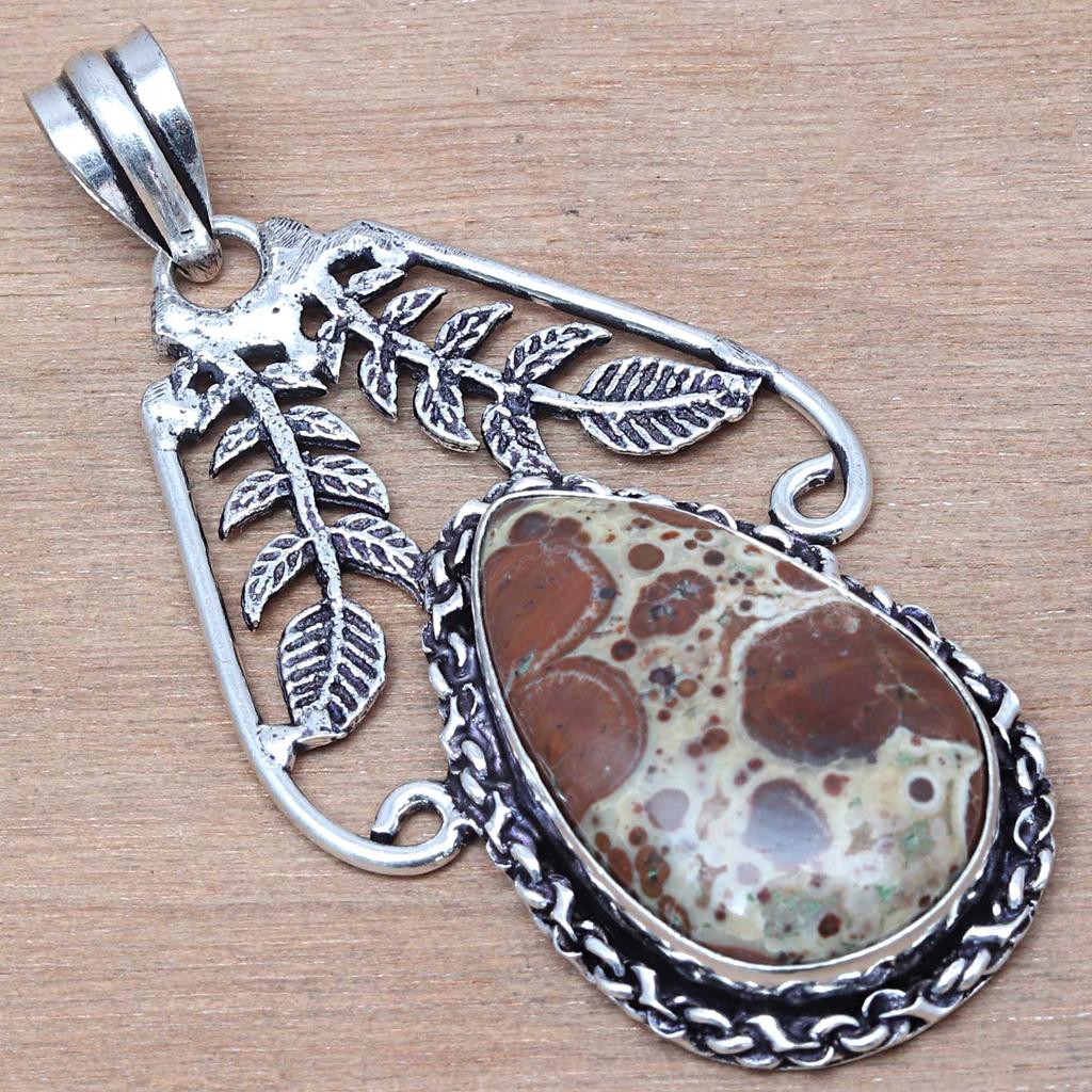 Pendant Leopard Skin Jasper Gemstone Handmade Antique Silver Jewelry 2.5"