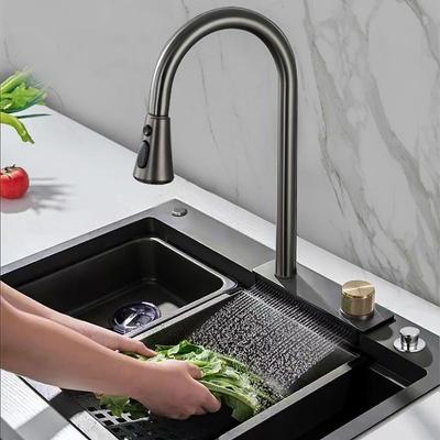 Новый 4 режима водопад серый кухонный смеситель для раковины горячий и холодный выдвижной смеситель распылительная головка летающий дождевой кран с одним отверстием, монтируемый на палубе