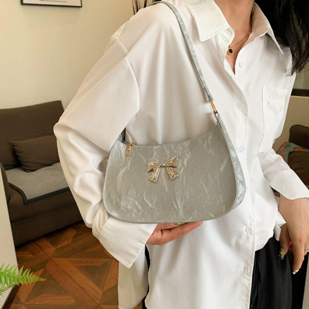 Solid Color Bow Underarm Bag Pu Leather Women's Handbag Fashionable Bowknot Armpit Bag Girls