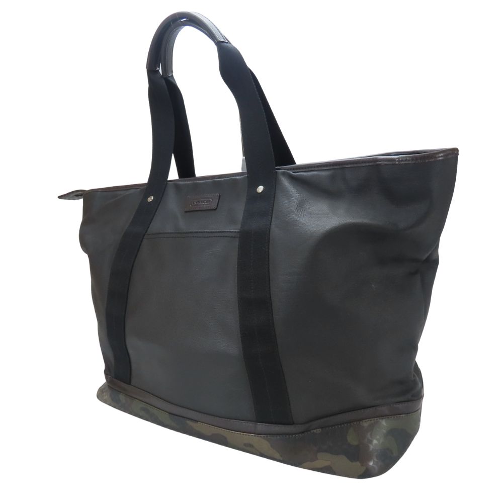 Used COACH Tote Bag Weekend Tote F70832 Signature PVC Coated Canvas Black Green System Camouflage